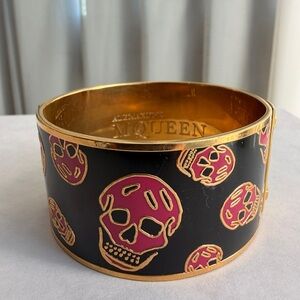 Alexander McQueen Black and Pink Skull Bangle with Gold Trim